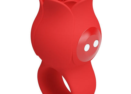 Roter silikon finger vibrator von pretty love jae mit rosenform, ringbasis und strukturierten blütenblättern