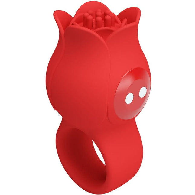Roter silikon finger vibrator von pretty love jae mit rosenform, ringbasis und strukturierten blütenblättern