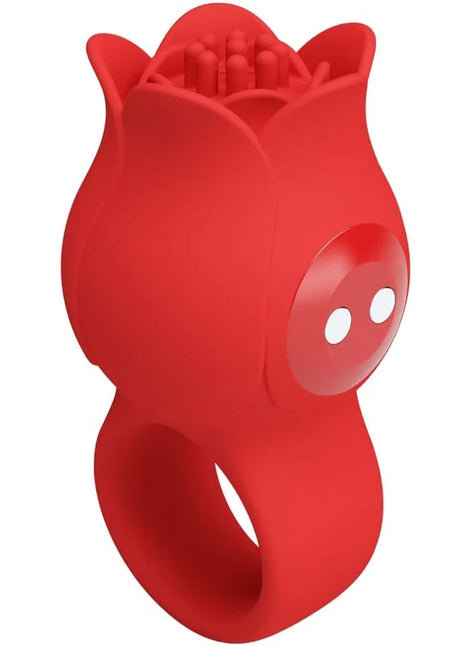 Roter silikon finger vibrator von pretty love jae mit rosenform, ringbasis und strukturierten blütenblättern
