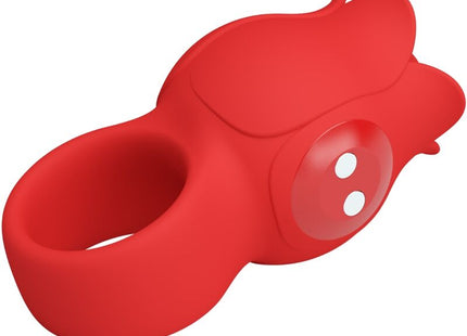 Roter silikon cockring mit rundem bulbös design und zwei weißen kreisen seitlich von pretty love jae rose finger-vibrator