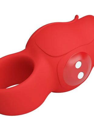 Roter silikon cockring mit rundem bulbös design und zwei weißen kreisen seitlich von pretty love jae rose finger-vibrator