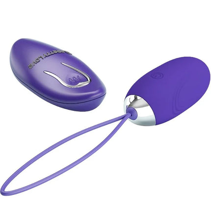 Lila eiförmiger fernbedienbarer vibrator mit silbernem metallakzent und passendem lila kabel von pretty love