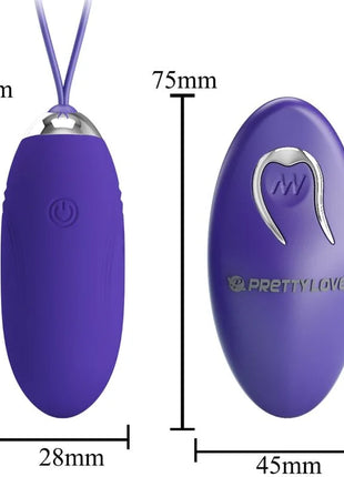 Lila ovalförmiges vibrierendes ei mit silbernem einschaltknopf und logo und lila schlaufe zum Aufhängen von pretty love