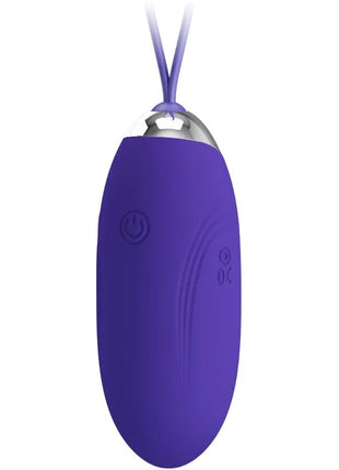 Lila silikon eiförmiger vibrator mit silberner metallkappe und passendem lila band zum aufhängen von pretty love Jenny Youth