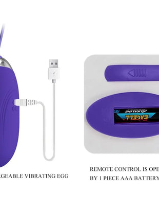 Lila silikon usb wiederaufladbares vibrierendes ei mit silberner metalloberseite und lila kabel von pretty love