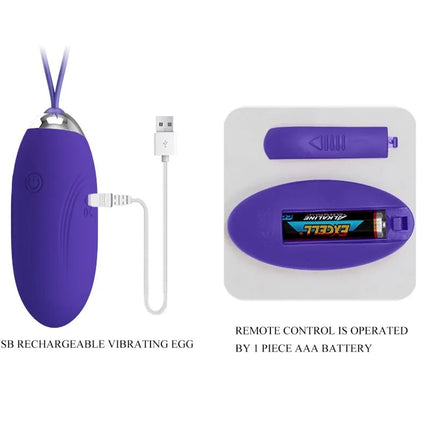 Lila silikon usb wiederaufladbares vibrierendes ei mit silberner metalloberseite und lila kabel von pretty love