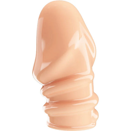 Peachfarbener glänzender silikon penisüberzieher mit realistischer textur und geriffeltem rand von pretty love jeremy natürlicher penisverdicker
