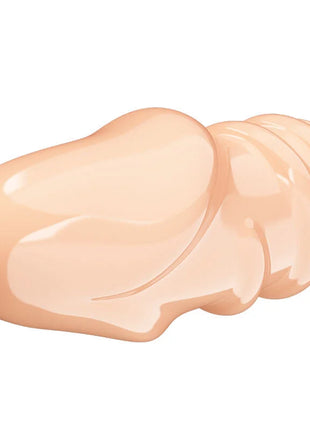 Peachfarbene glänzende silikonhülle für dildo mit glattem rundem kopf und segmentiertem körper von pretty love jeremy natürlicher penisverdicker