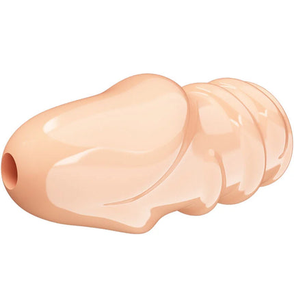 Peachfarbene glänzende silikonhülle für dildo mit glattem rundem kopf und segmentiertem körper von pretty love jeremy natürlicher penisverdicker