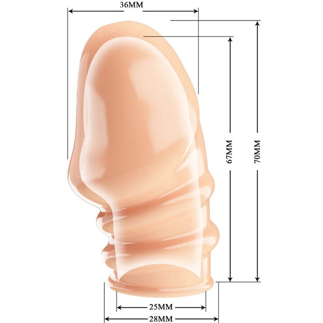 Ein durchscheinender pfirsichfarbener silikon dildo mit konischem kopf und strukturierten rillen im pretty love jeremy natürlicher penisverdicker