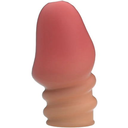 Ein pfirsichfarbener dildo aus silikon mit spitz zulaufendem kopf und geriffeltem sockel von pretty love jeremy penis dicker rosa