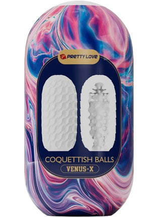 Prettylove venus-x kokettische silikon-kugeln in lebendig pink blau und lila marmorierter verpackung männlicher masturbator weiß