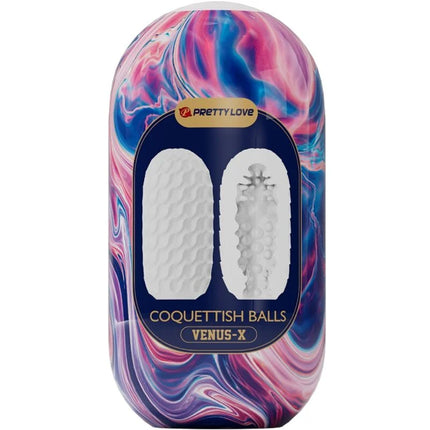Prettylove venus-x kokettische silikon-kugeln in lebendig pink blau und lila marmorierter verpackung männlicher masturbator weiß