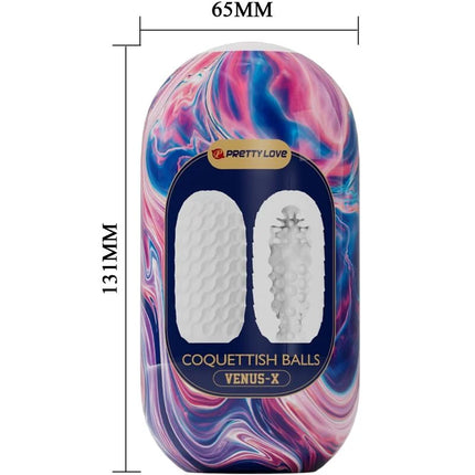 Ein glänzender pink-blauer silikon-masturbator von prettylove mit weißen strukturierten einsätzen coquettish balls venus-x