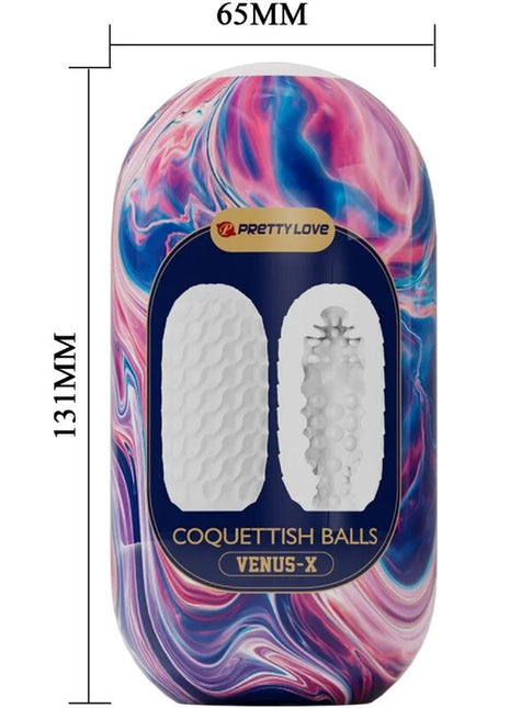 Ein glänzender pink-blauer silikon-masturbator von prettylove mit weißen strukturierten einsätzen coquettish balls venus-x