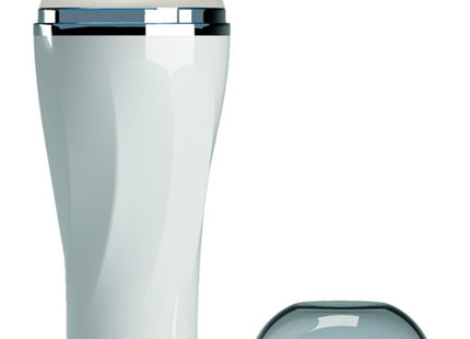 Weißer silikon männlicher masturbator mit chromakzentband und abnehmbarem transparentem dom in vagina-design