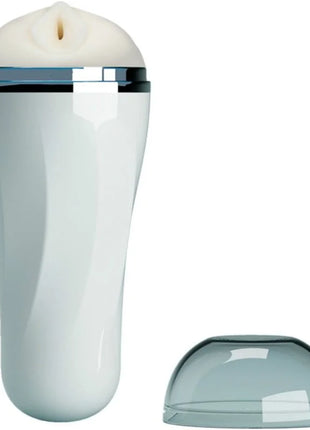 Weißer silikon männlicher masturbator mit chromakzentband und abnehmbarem transparentem dom in vagina-design