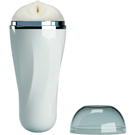 Weißer silikon männlicher masturbator mit chromakzentband und abnehmbarem transparentem dom in vagina-design