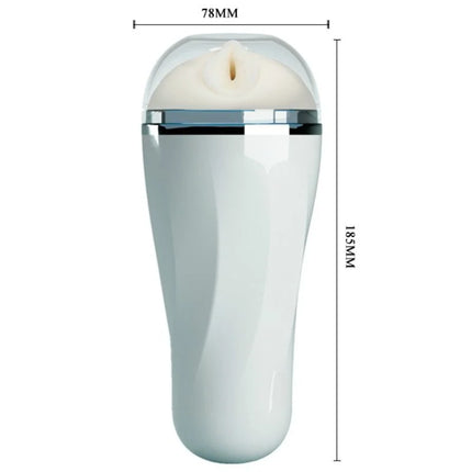 Weißer silikon männlicher masturbator mit klarem dom und silbernem metallband im vagina-design