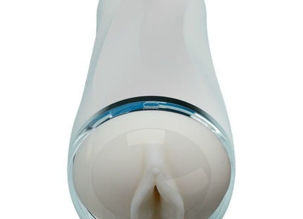 Weißer silikon männlicher masturbator mit vagina-design, klarem glasboden und blauem akzentring von Pretty Love