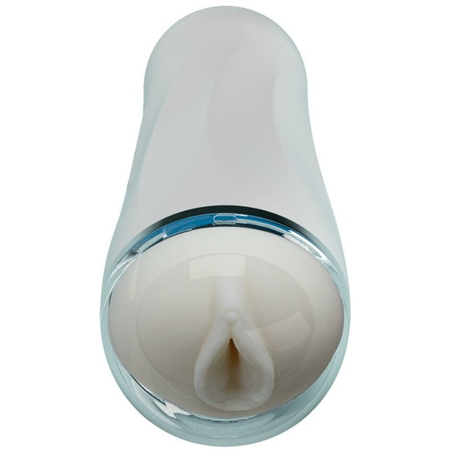 Weißer silikon männlicher masturbator mit vagina-design, klarem glasboden und blauem akzentring von Pretty Love