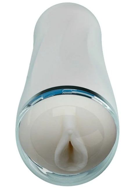 Weißer silikon männlicher masturbator mit vagina-design, klarem glasboden und blauem akzentring von Pretty Love
