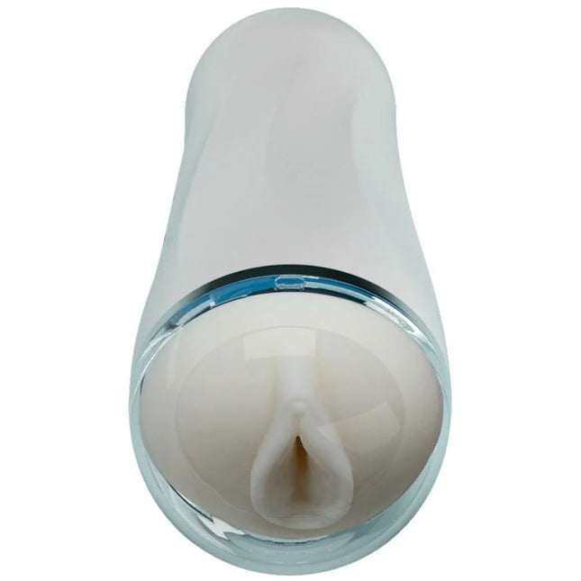 Weißer silikon männlicher masturbator mit vagina-design, klarem glasboden und blauem akzentring von Pretty Love