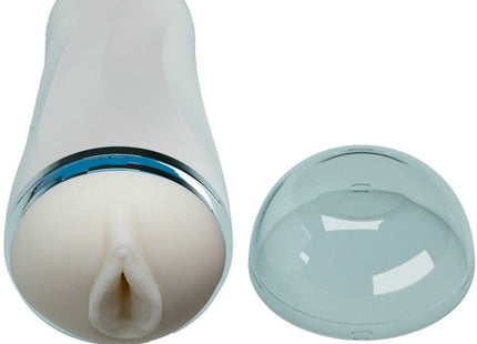 Weißes silikon männlicher masturbator mit vagina-design und chromakzentring unter durchsichtigem domdeckel