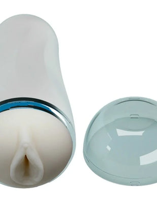 Weißes silikon männlicher masturbator mit vagina-design und chromakzentring unter durchsichtigem domdeckel
