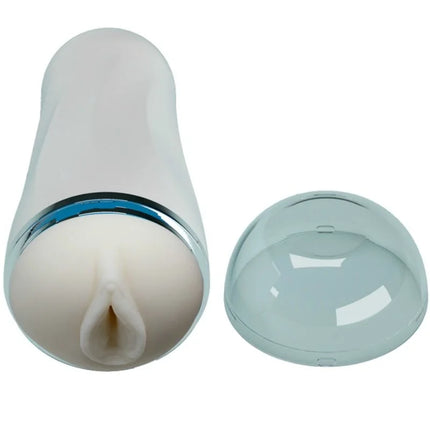 Weißes silikon männlicher masturbator mit vagina-design und chromakzentring unter durchsichtigem domdeckel
