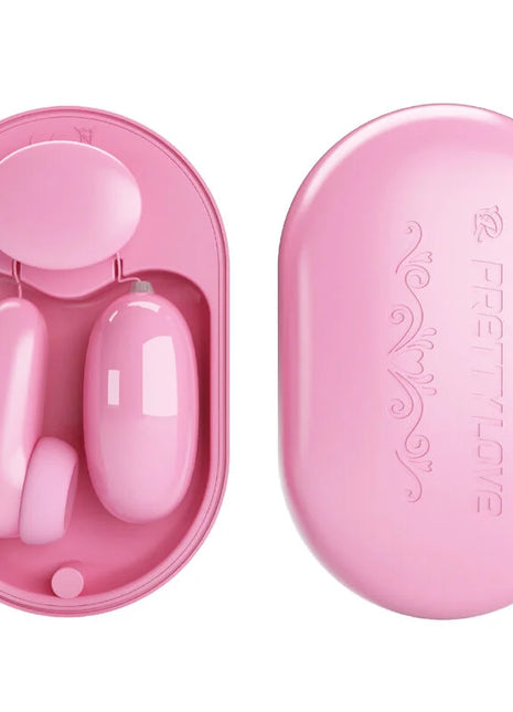 Rosa magic box vibrationskugel und stimulator aus silikon in ovaler schale mit matching deckel und pretty love prägung