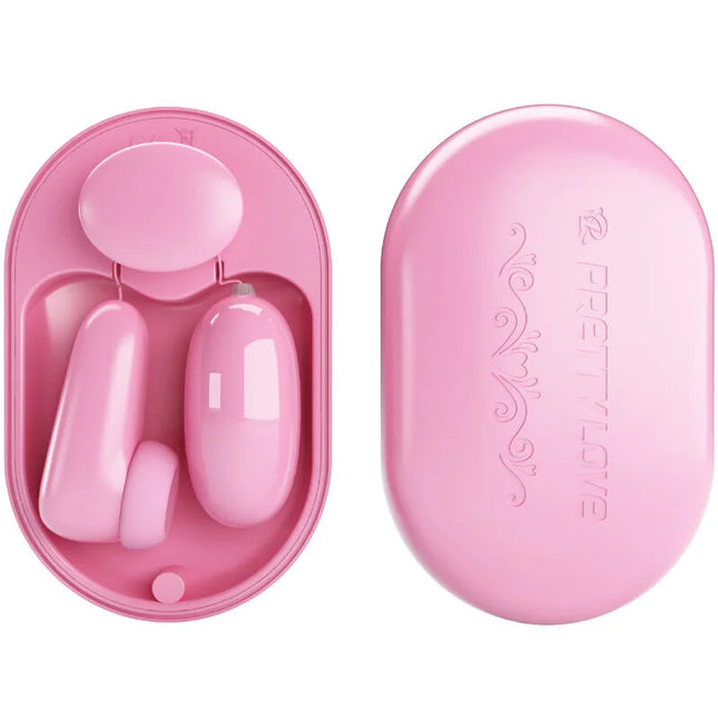 Rosa magic box vibrationskugel und stimulator aus silikon in ovaler schale mit matching deckel und pretty love prägung