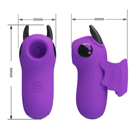 Lila silikon fingerstimulator mit schwarzen hörnern und power knopfdruck seitlich pretty love magic devil usb-aufladbar