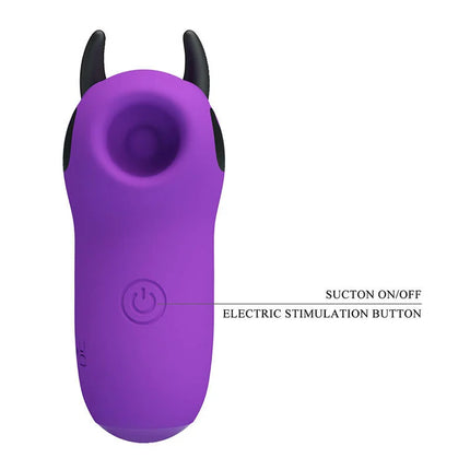 Lila pretty love magic devil fingerstimulator aus silikon mit schwarzen hornartigen hervorhebungen und powerknopf