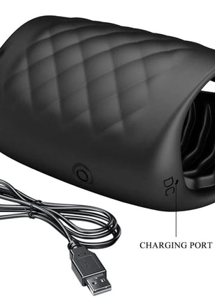 Schwarzer silikon masturbator mit gesteppter struktur und integrierter usb-ladebuchse von pretty love