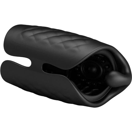 Schwarzer strukturierter silikon cock ring mit zentraler kavität und zwei erweiterten enden von pretty love wiederaufladbar vibrator