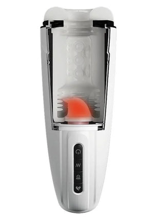 Weißer plastikmasturbator pretty love marissa mit transparentem zentralbereich, rotem silikonkopf und schwarzen steuerknöpfen