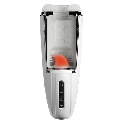 Weißer plastikmasturbator pretty love marissa mit transparentem zentralbereich, rotem silikonkopf und schwarzen steuerknöpfen