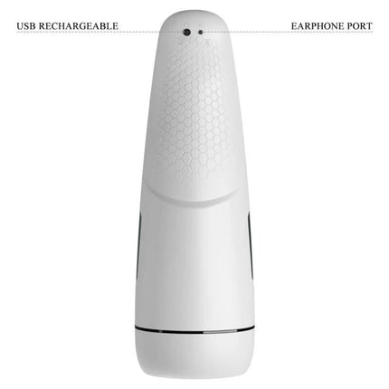 Weißes usb wiederaufladbares handgerät mit honigwaben struktur griff und kopfhöreranschluss für pretty love marissa männlicher masturbator vibration wärme stimme und saugung
