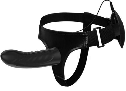 Schwarzer silikon strap-on von pretty love mit strukturiertem schaft, vibration und verstellbarem gürtel