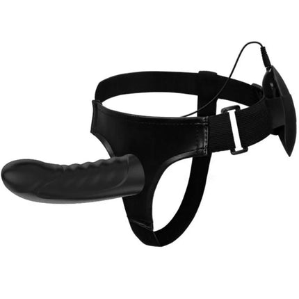 Schwarzer silikon strap-on von pretty love mit strukturiertem schaft, vibration und verstellbarem gürtel