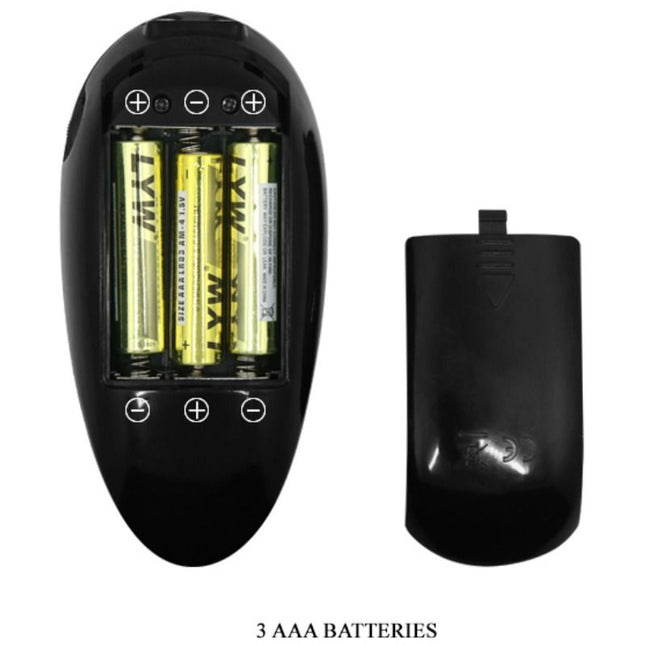 Schwarze plastikfernbedienung mit drei eingelegten aaa batterien für pretty love marvin strap on mit vibration