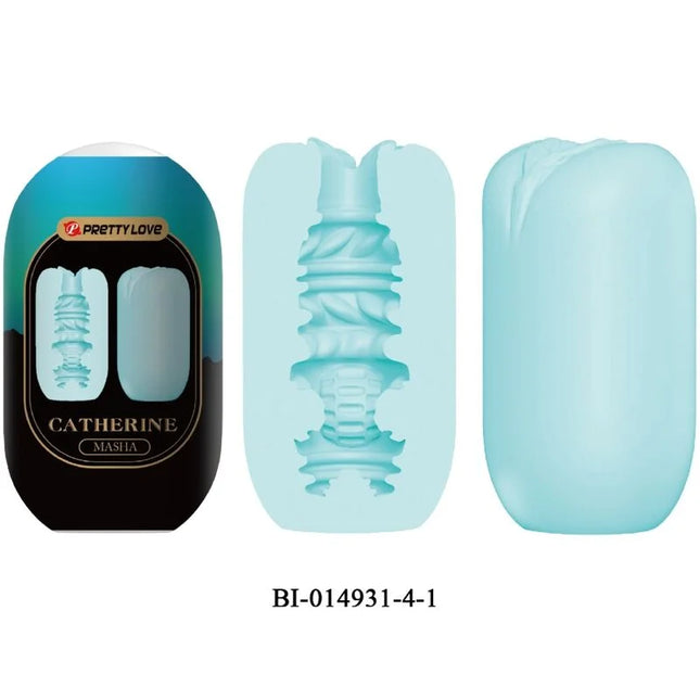 Hellblauer silikonmasturbator mit spiraldetailierung von prettylove marke catherine aus set mascha pack