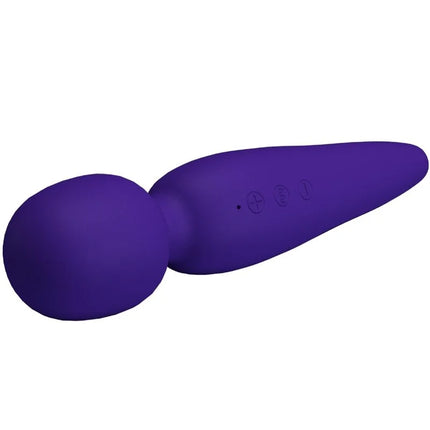 Lila silikon-wand massager mit rundem kopf und drei bedientasten am griff von pretty love meredith massager