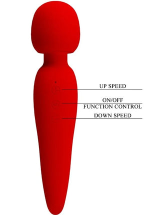 Roter silikon wand mit beschrifteten steuerungstasten für geschwindigkeit und funktion von pretty love meredith massager 12 vibrationsmodi