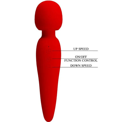 Roter silikon wand mit beschrifteten steuerungstasten für geschwindigkeit und funktion von pretty love meredith massager 12 vibrationsmodi