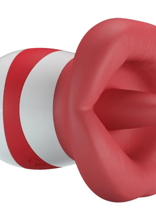 Rotes und weiß gestreiftes silikonspielzeug mit rundlichem lippenförmigem design von pretty love minazungenstimulator hellrot