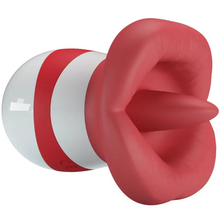 Rotes und weiß gestreiftes silikonspielzeug mit rundlichem lippenförmigem design von pretty love minazungenstimulator hellrot