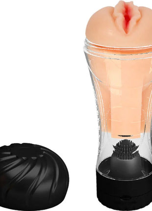 Klarer glasbehälter mit pfirsichfarbenem silikon und schwarzer basis für den pretty love naomi vagina vibrator