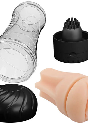 Der peachfarbene silikon einsatz des pretty love naomi vagina vibrators zeigt eine realistische, strukturierte oberfläche